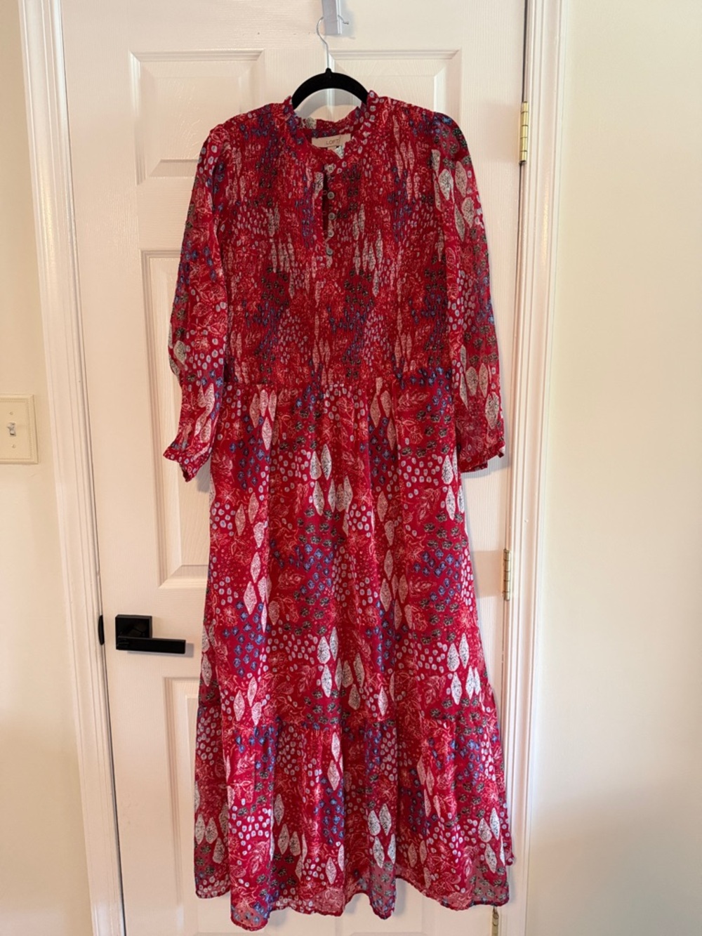 LOFT Red Patterned Maxi Dress with Button-Front